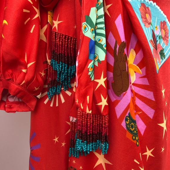 Farm Rio Lotus Star Red / Multi Midi Dress w/ beaded fringe belt- Small - Picture 9 of 15